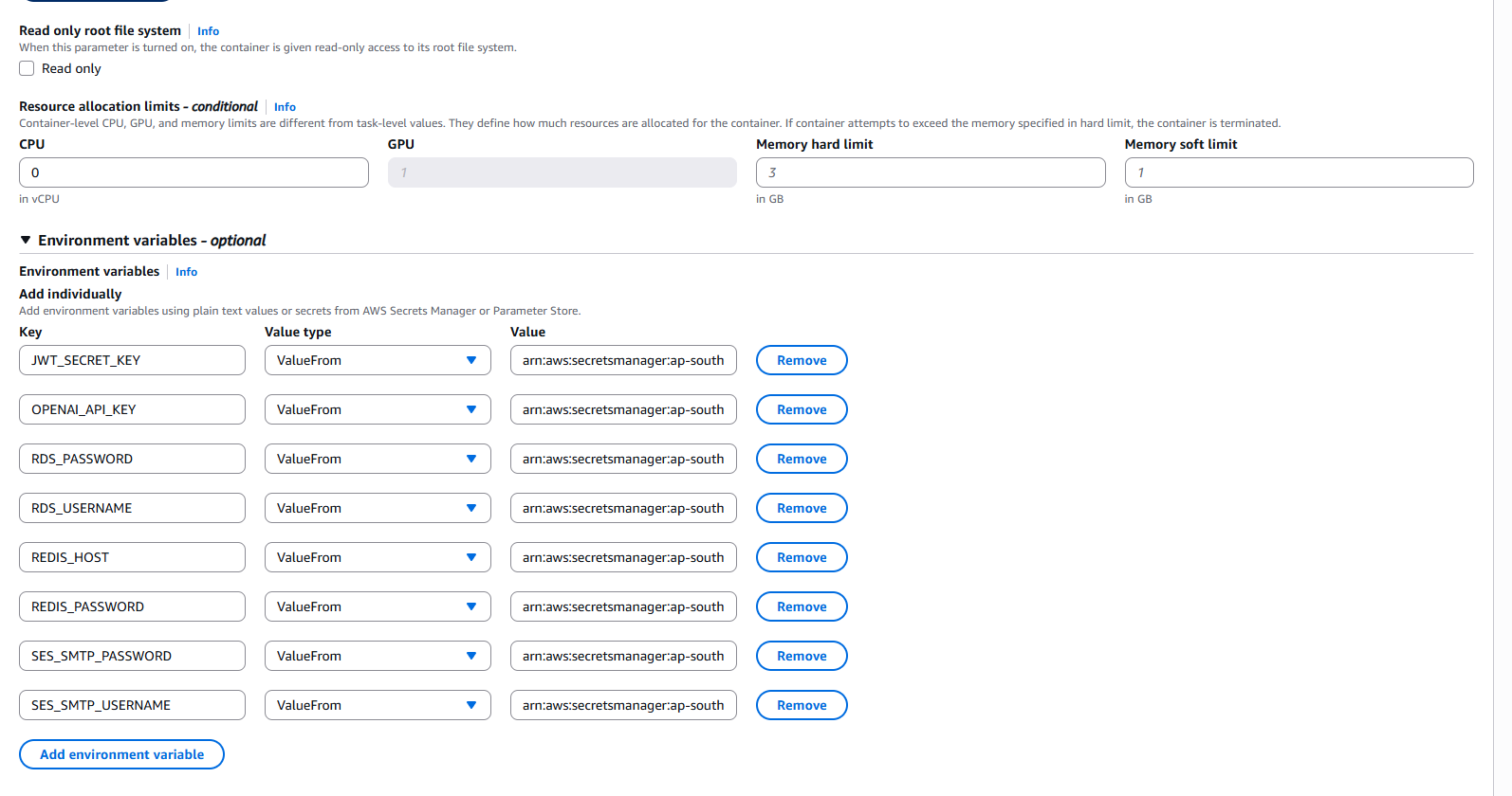 Task definition with container image and CPU/memory