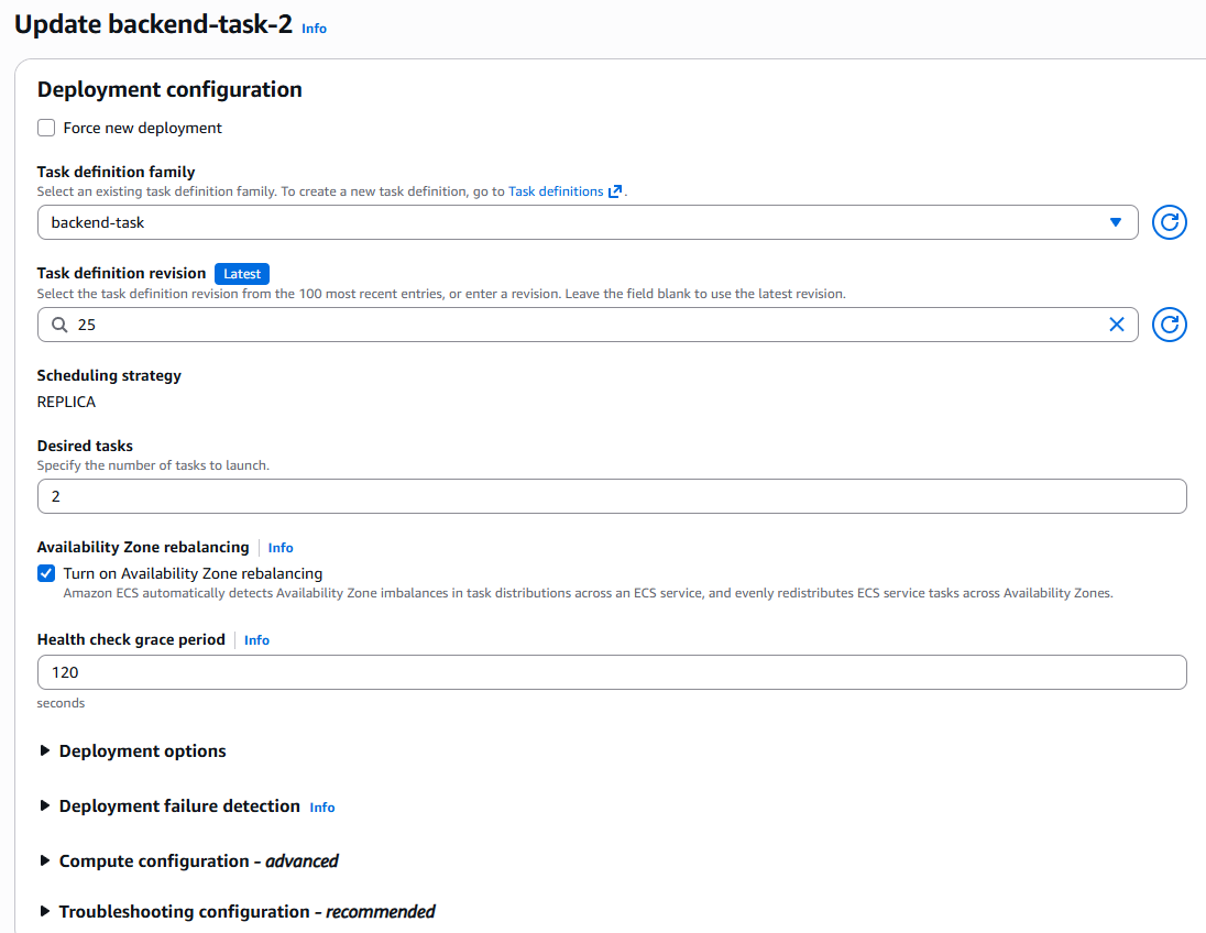 Service configuration, desired count and deployment