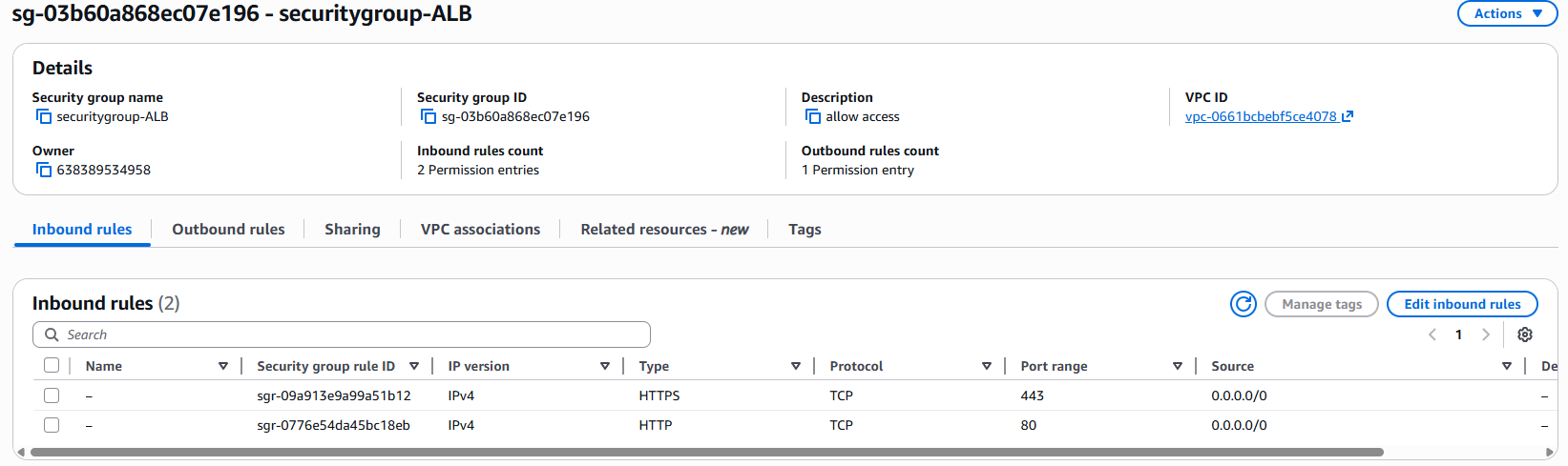 Security group inbound rules for ALB