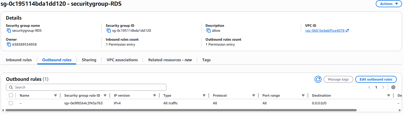 Security group outbound rules for RDS